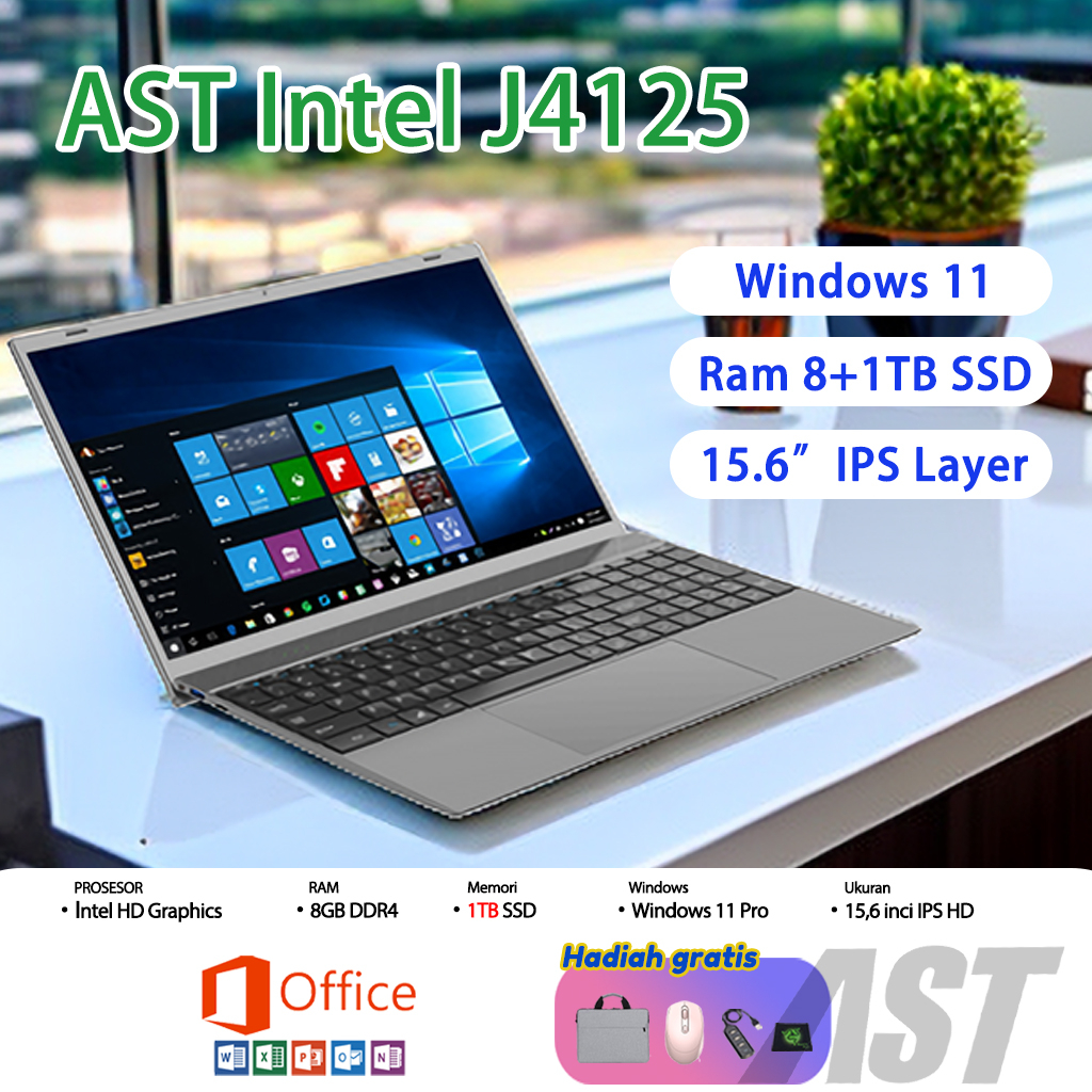Laptop Baru 15.6" Intel J4125 Silver Ram 12g+256GB SSD Windows 11+Garansi 1 tahun