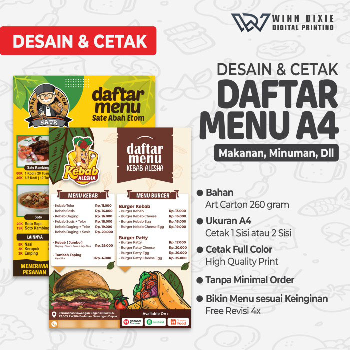 Cetak Menu Ukuran A4 + Laminasi