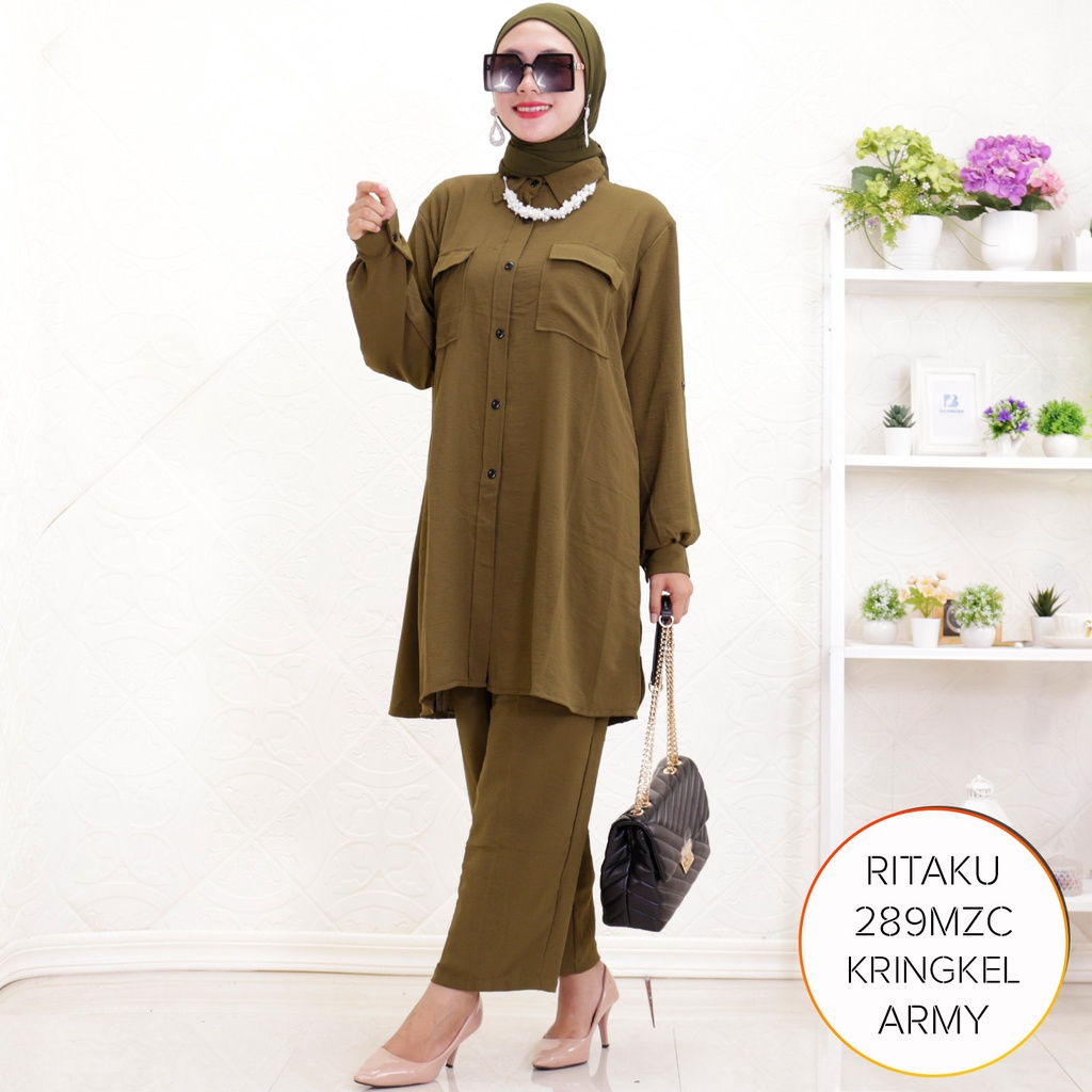 Set Ritaku, One Set Long Tunik Kringkel Airflow Saku Depan Wudhu Friendly