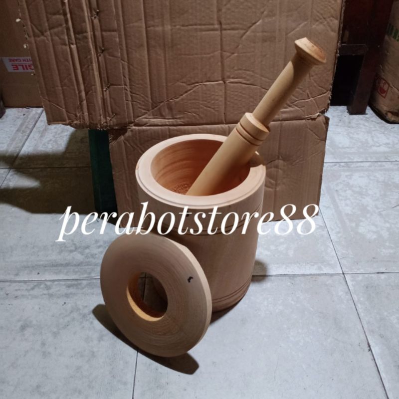 lumpang kayu+tutup/alu tumbukan rujak tumbuk bumbu diameter 17 cm