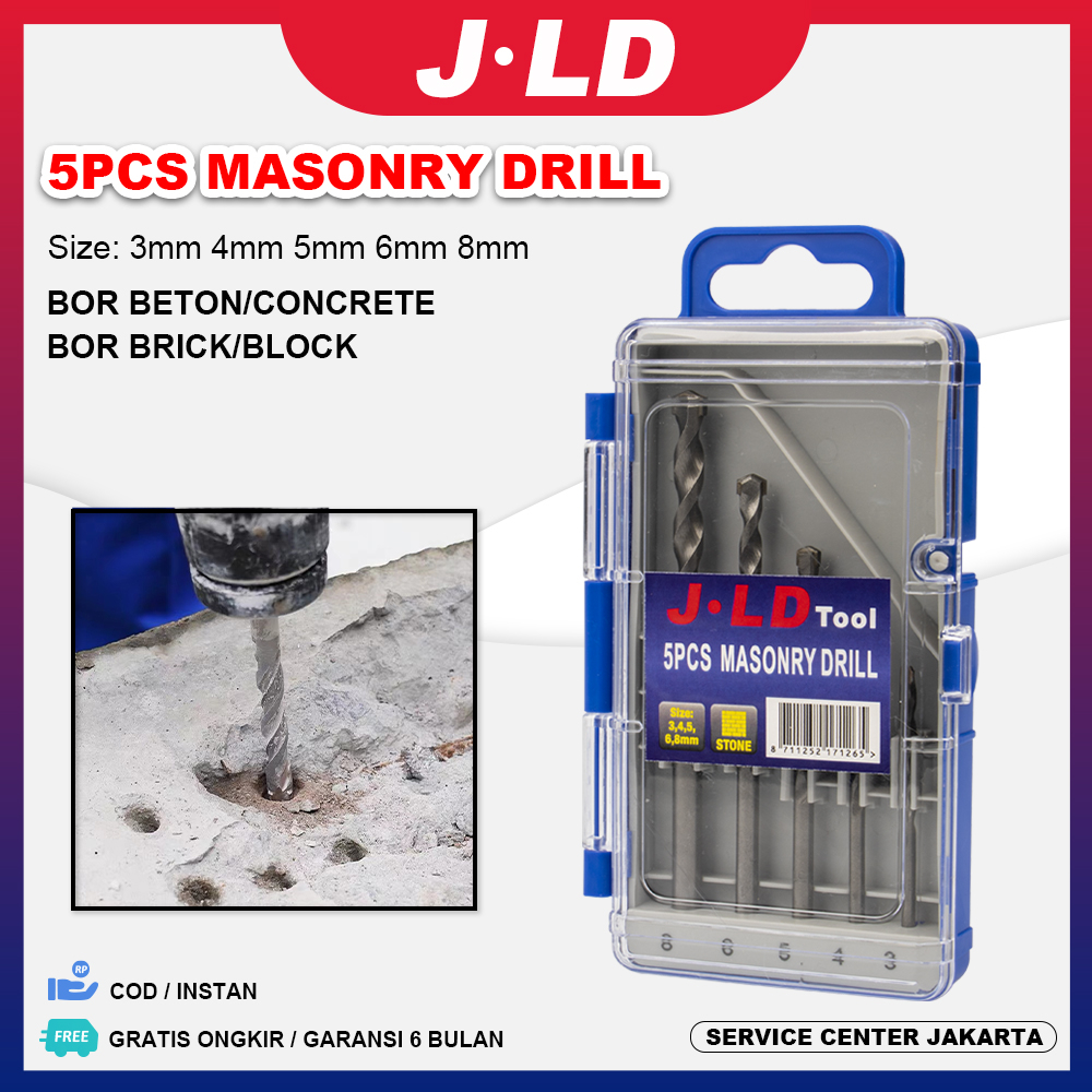JLD 5Pc Masonry Drill Bit Set (3mm,4mm,5mm,6mm,8mm) Mata bor beton untuk Membantu Mengebor Beton, Ba