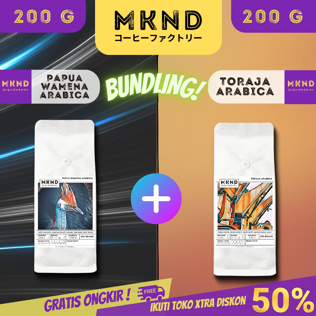 

MKND® BUNDLING HEMAT 2X200 KOPI ARABIKA PAPUA WAMENA GRADE 1 SINGLE ORIGIN + TORAJA SAPAN GRADE 1 SINGLE PROMO DISCON | BIJI BUBUK | SINGLE ORIGIN | PREMIUM COFFE | ROASTED BEANS | MANUAL BREW | COFFE ROASTERY