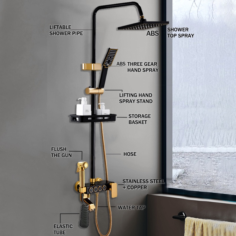 REAIM Shower Kamar Mandi 4 Dalam 1 Set Keran Double Black Gold Kuningan Original Shower Dengan Faucet Sprayer Faucet Panas Dan Dingin Set Kamar Mandi Besi Tahan Karat Emas Hitam