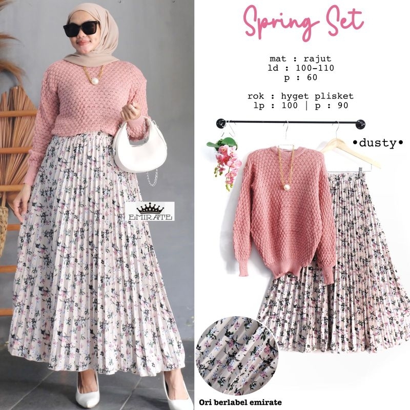 spring set wanita atasan rajut + rok plisket motif bunga muat jumbo