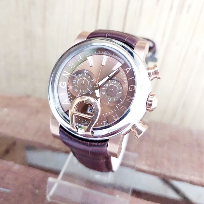 Aigner Bari A37500 Original Ring Silver Strap Leather Brown Jam Tangan Pria