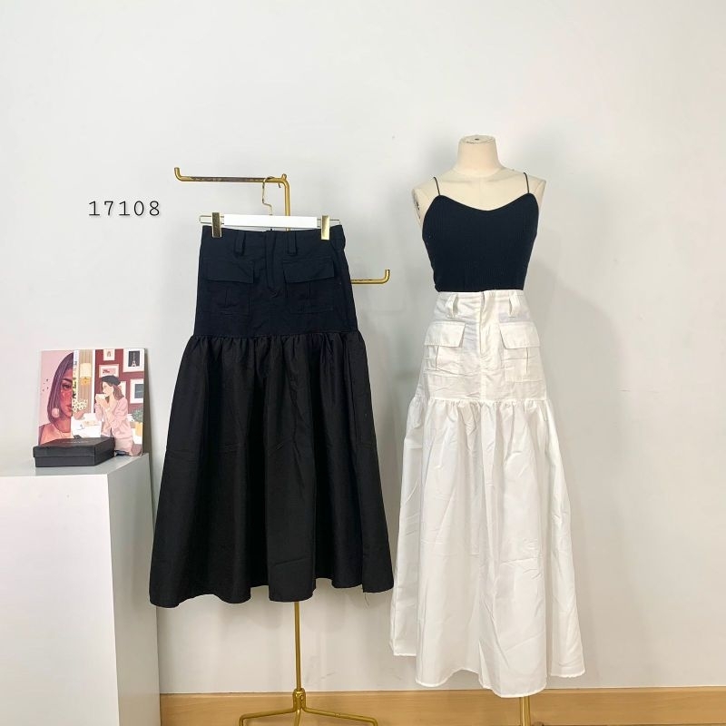 17108 Rok Cargo HUA RAN Classic Fashion Hitam Casual Wanita/ Rok Panjang Kantong Model Payung Kekini