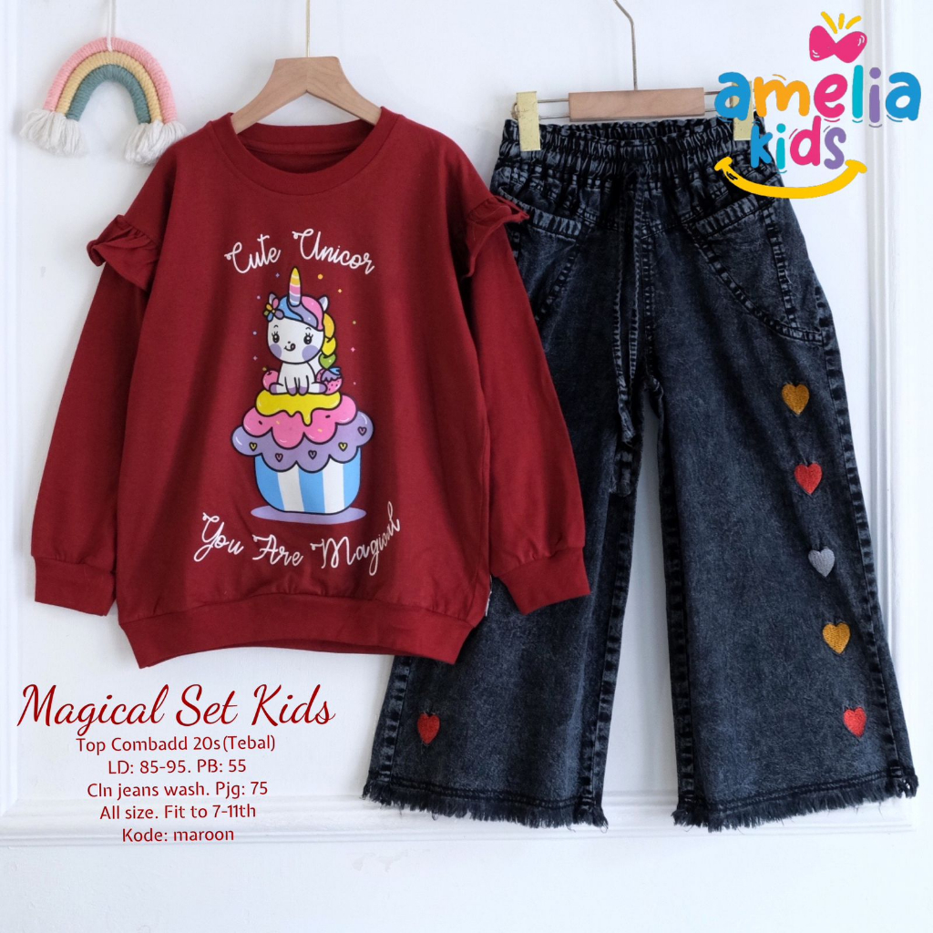 MAGICAL SET KIDS ORIGINAL BY AMELIA KIDS SETELAN BAJU ANAK KAOS LENGAN PANJANG DAN CELANA JEANS KULO