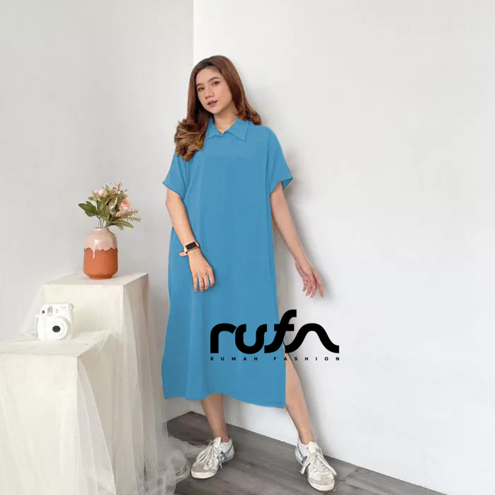 RUFA - Korean Long Dress Kerah Crinkle Wanita Lengan Pendek Polos - Biru Langit