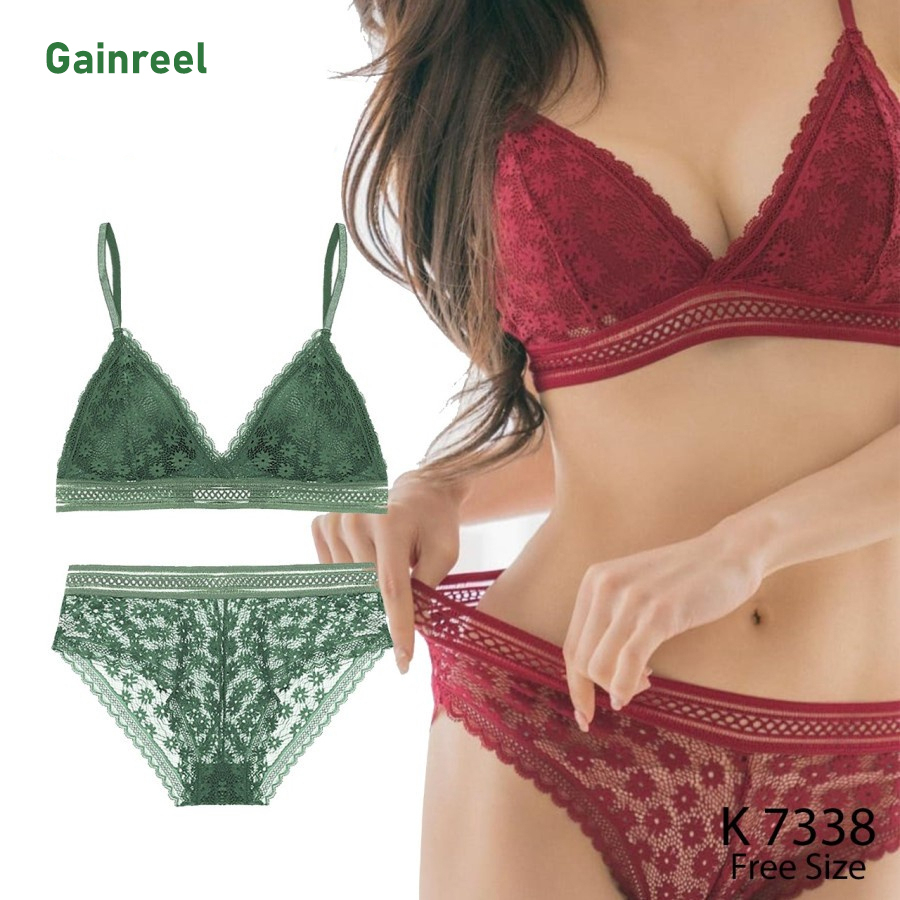 TALLY Sarwendah BH 7338 Bra Set Wanita Busa Tipis Tanpa Kawat Bahan Brokat CUP A - B Kait 2 Bra Tran