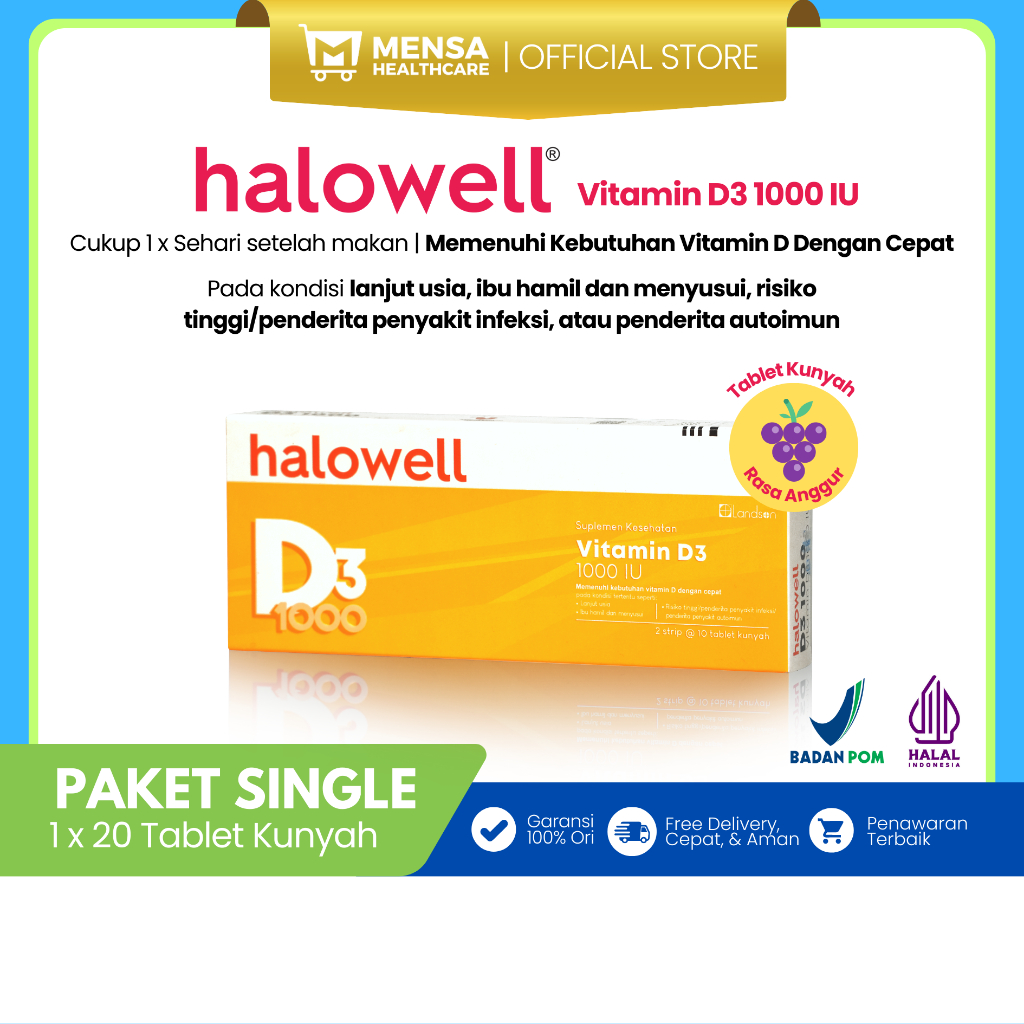 [Bundle Hemat] Halowell Vitamin D3 1000 IU (Suplemen Kesehatan / Daya Tahan Tubuh / VitaminD / Vitamin Tulang dan Gigi / Imunitas / Vit D3)
