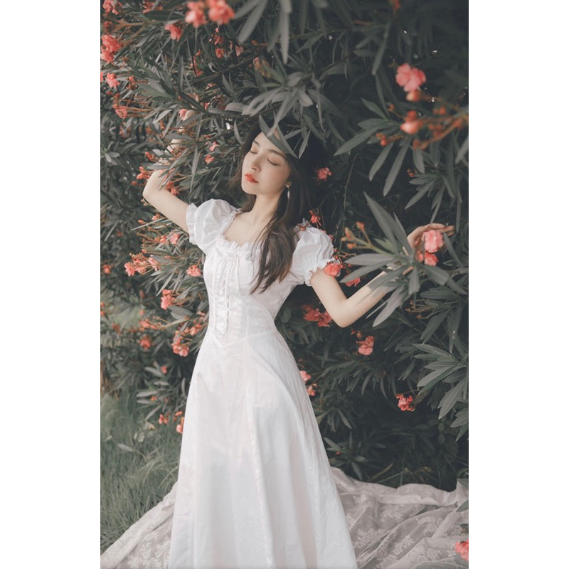 Zefanya Dress Korean Simple Polos Plain Basic Midi White Black Prewedd Sabrina Ribbon Tali Dinner Ga