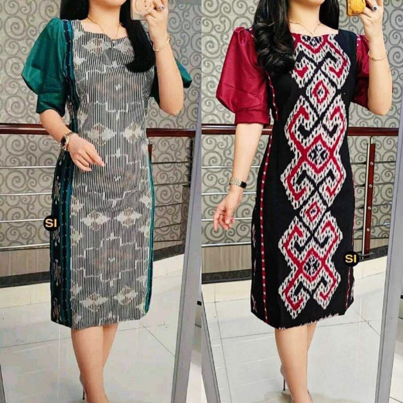 DRESS SLIM ETHNIC KOMBINASI, BAJU PESTA LENGAN PENDEK