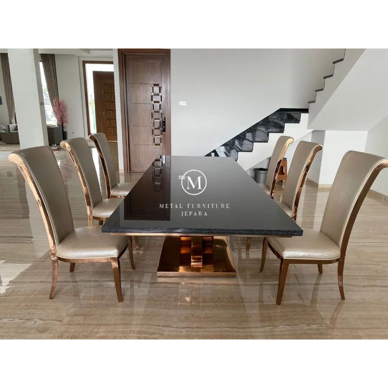 SET MEJA MAKAN 4 KURSI MARMER HITAM STAINLESS QUALITY, SET KURSI MAKAN 6 KURSI STAINLESS ROSE GLOD