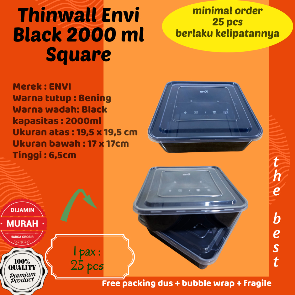 Thinwall Kotak Makan Square 2000 ml Hitam Black ENVI isi 25 pcs