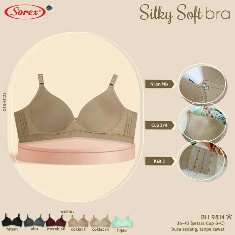 BH 9814 SOREX - Bra Sorex 9814 uk. 36-42 cup C BH bra tanpa kawat,busa tipis silky WARNA TERBARU GRO