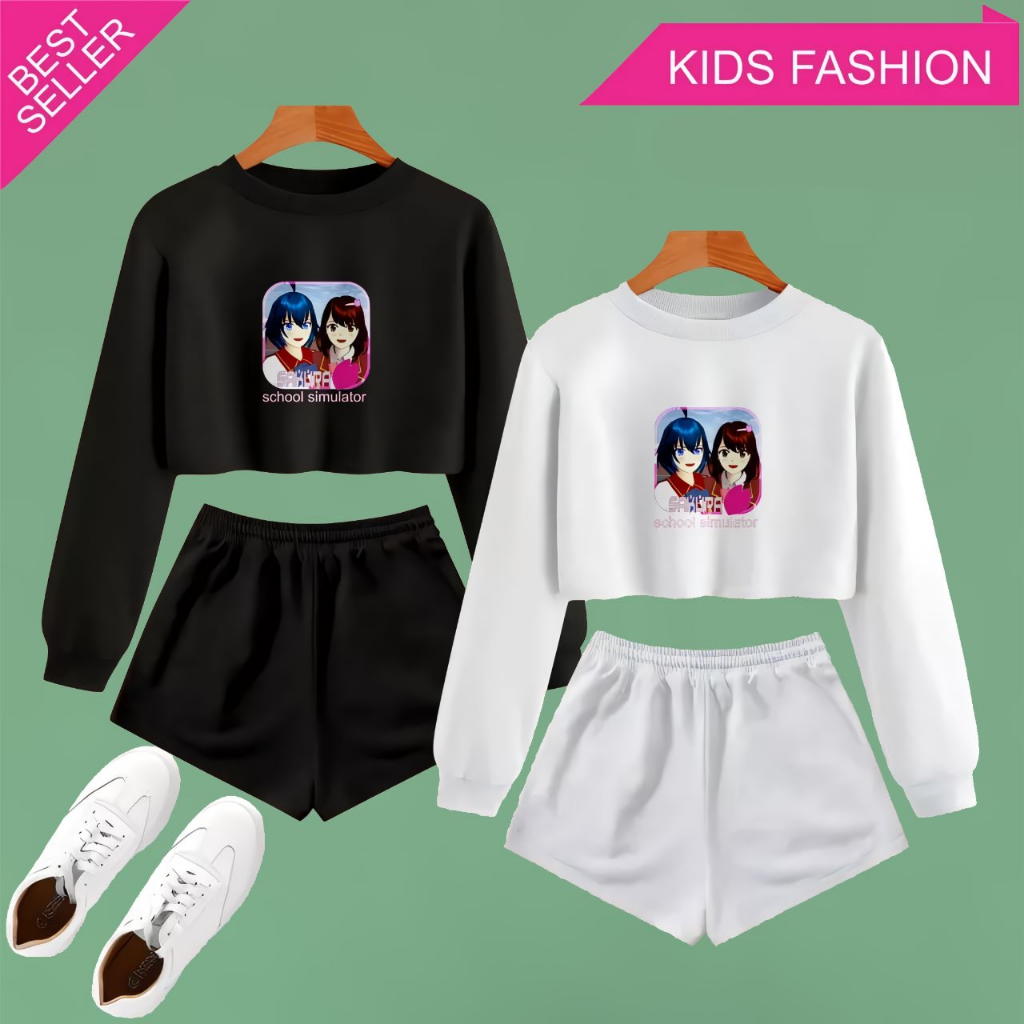 SETELAN ANAK PEREMPUAN CROP TOP USIA 2-9 TAHUN MOTIF SAKURA