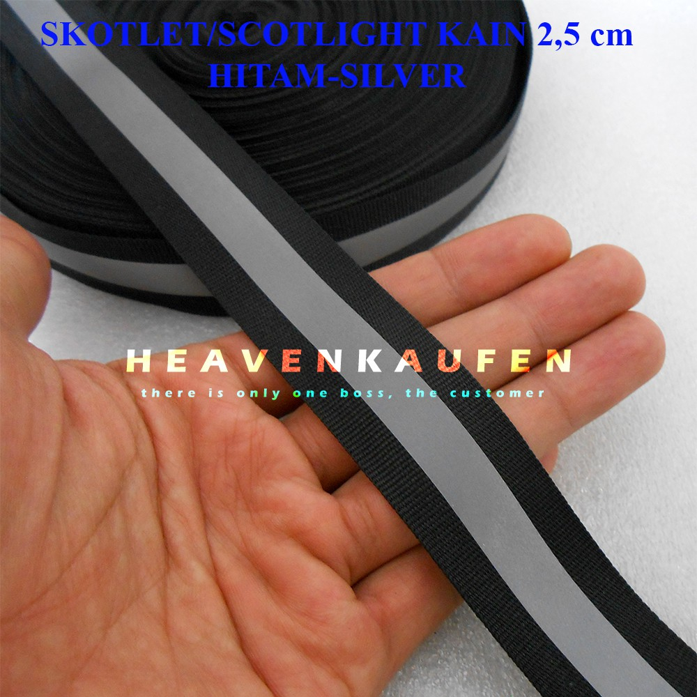 

Pita Skotlet Lebar 2,5 cm Meteran Hitam-Silver Kain Jaket lis kombinasi strip webbing baju rompi safety Scotlite Scotlight Reflective 1" in inch