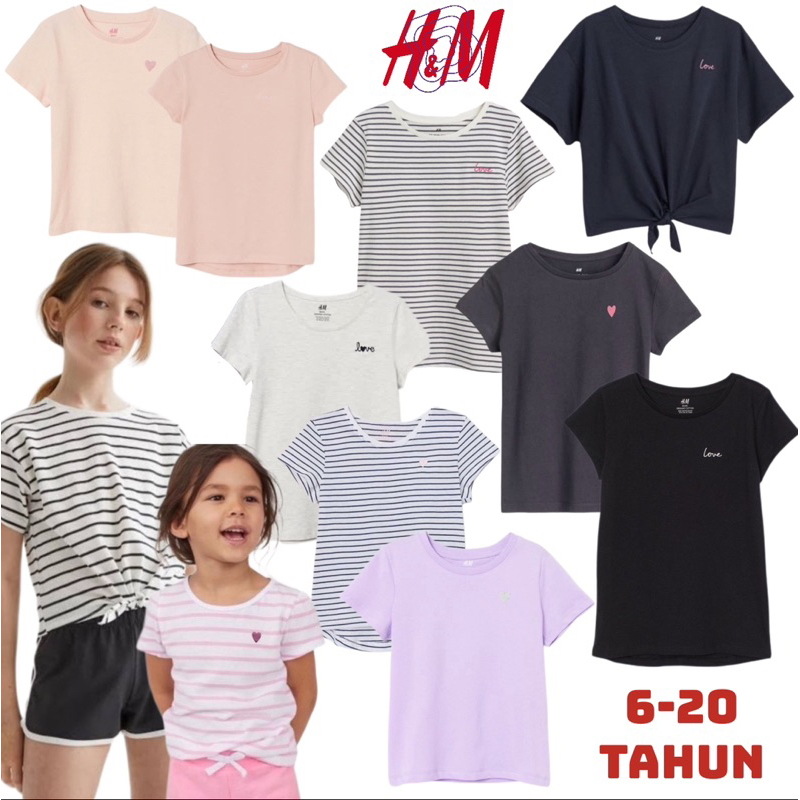 Kaos Anak Perempuan H*m Kaos Anak Cewek Hm 6-18+ Tahun Hem Baju Stripes Polos Love Barbie