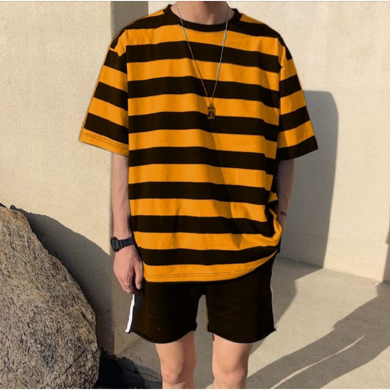 Kaos Salur garis garis Stripe Pria Kaos Baju kaos Distro Baju kaos Terlaris-MUSTARD