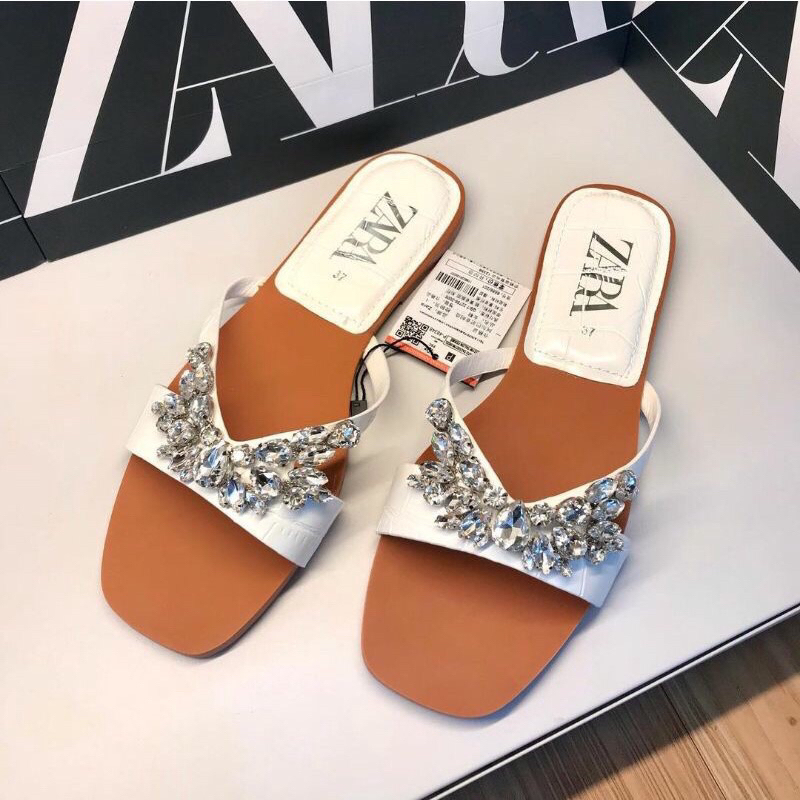 Sandal Flat ZARA Croco Diamond Import Fashion Wanita + FREE BOX
