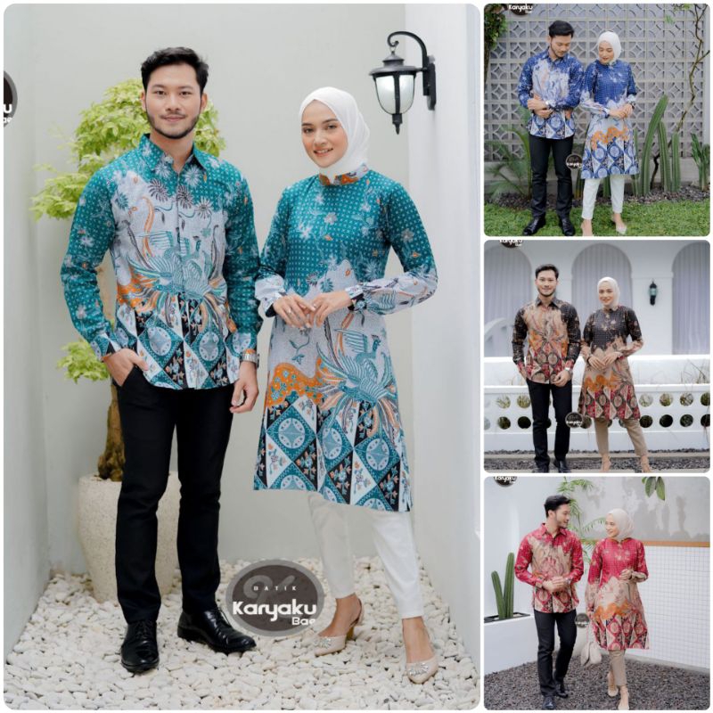Baju Batik Couple Pasangan Kemeja Tunik Laksha Alisa Hijau Tosca Biru Merah Marun Hitam Seragam Kant