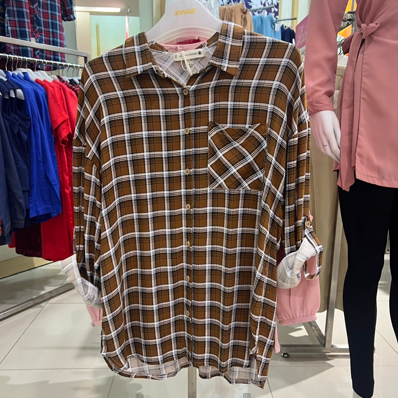 Ultraviolet kemeja wanita motif kotak-kotak dengan bahan rayon super lembut S-Xl