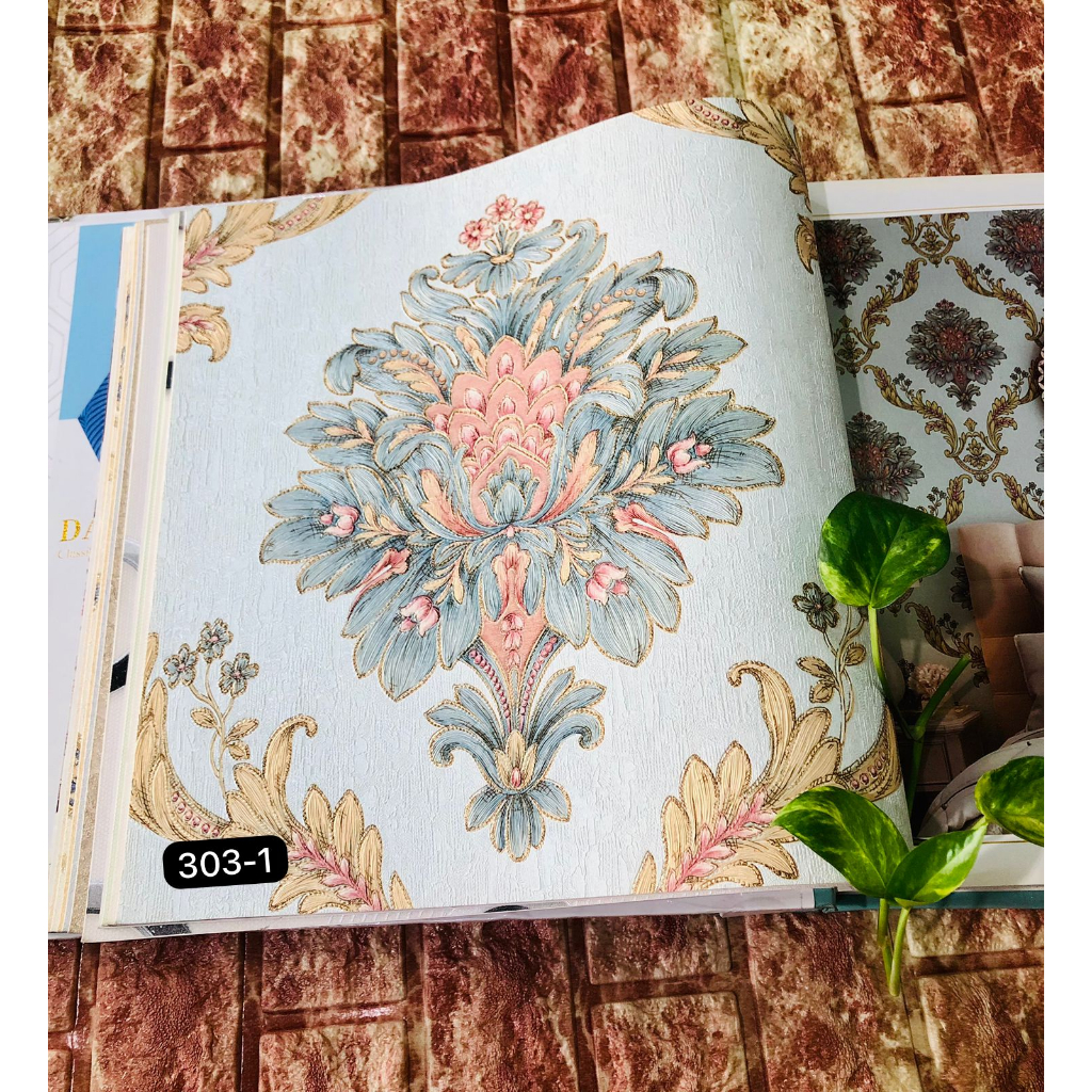 WALLPAPER DINDING KLASIK EROPA GOLD BIRU COKLAT DAVINCI