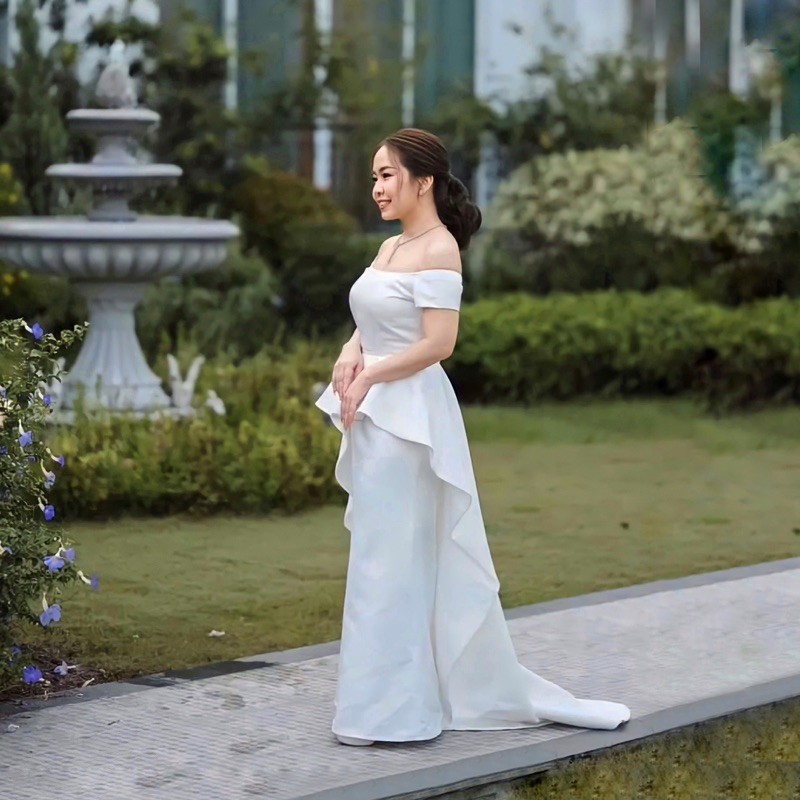 MARIELLE GOWN - Dress maxi white off shoulder bodycon dress with tail dress pesta wanita big size ju
