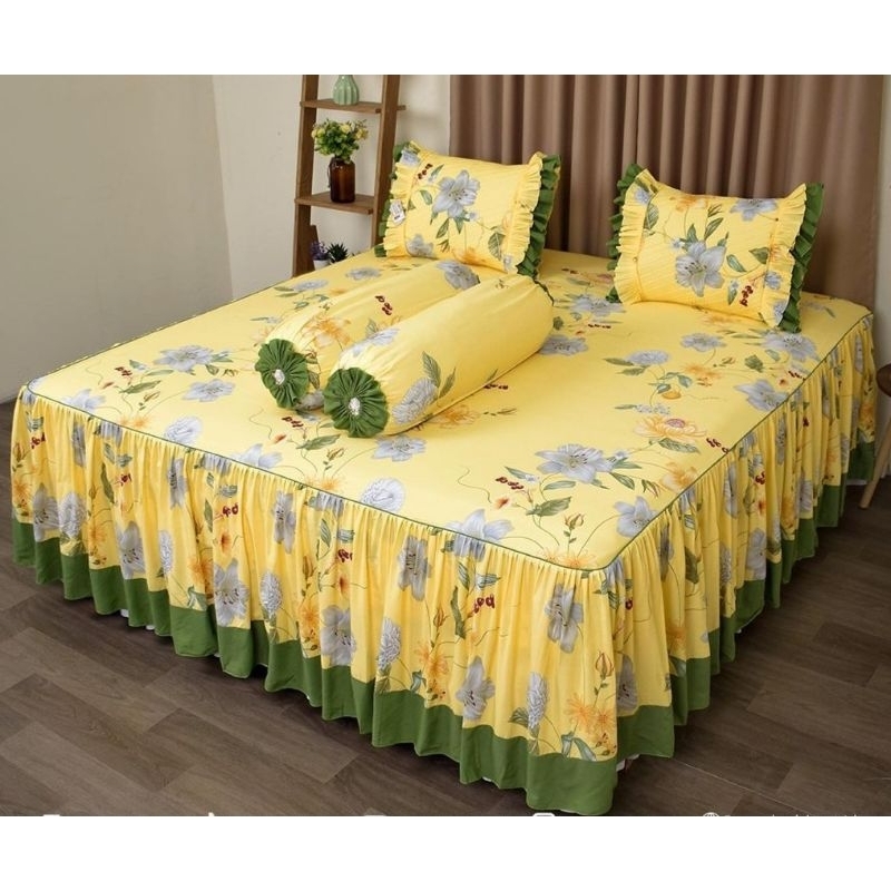 Sprei katun rumbai pengantin motif Michele Kuning ukuran 180x200