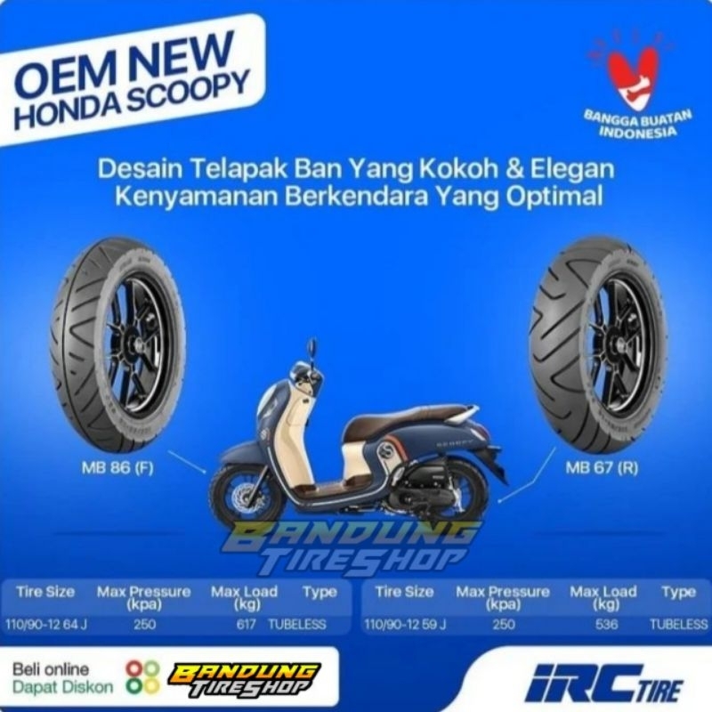 IRC NEW SCOOPY (100/90-12) (110/90-12) TUBELESS DEPAN BELAKANG MB 86 67 SEPASANG BAN LUAR MOTOR MATI