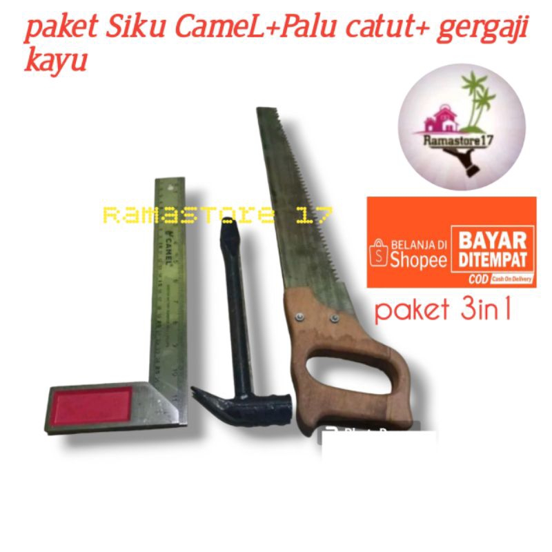 gergaji kayu, palu catut & siku besi ( 3 in1 )