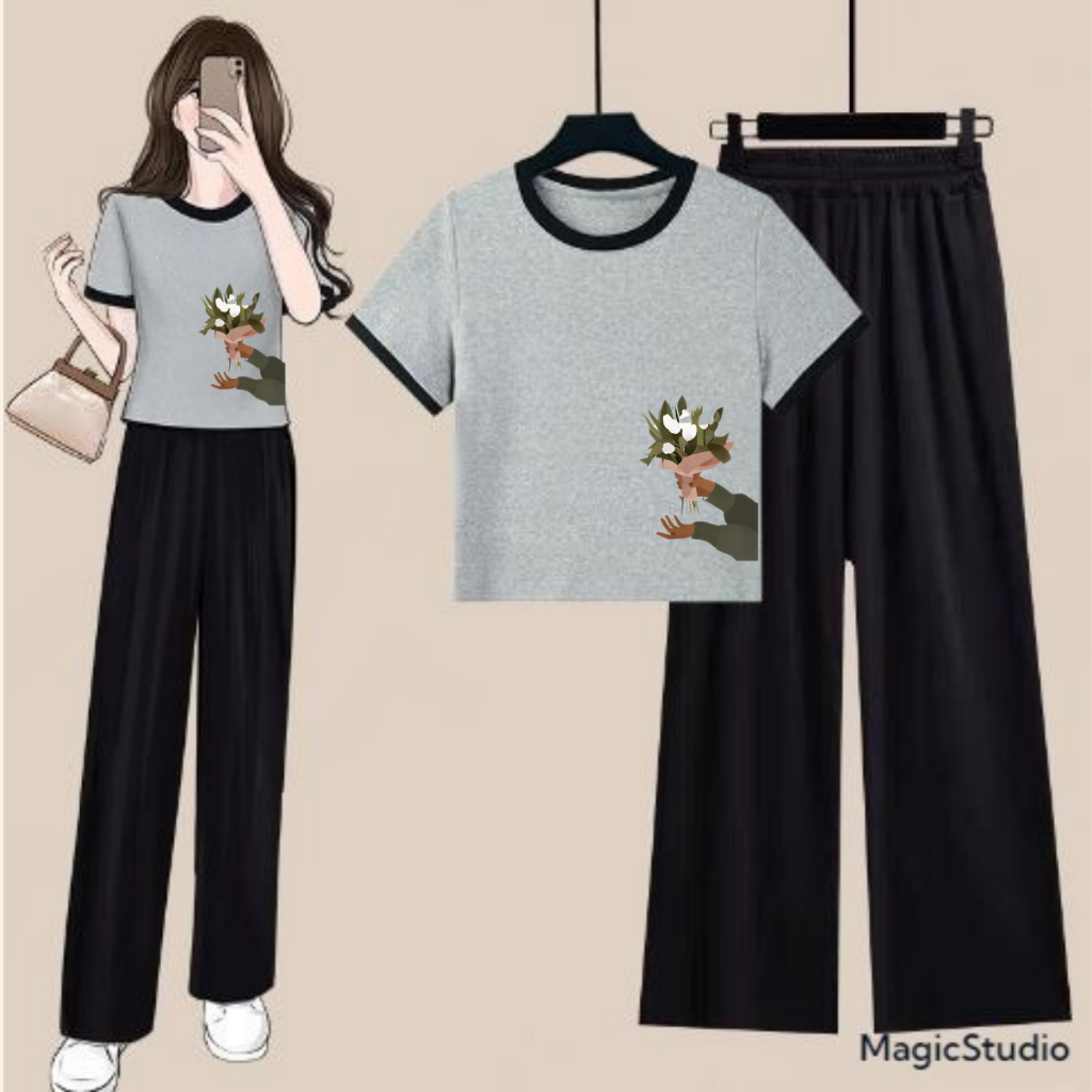 JBF Baju Setelan Anak Remaja Usia Tanggung Ukuran Reguler Atasan Crop Ringer Tee Dan Celana Panjang 