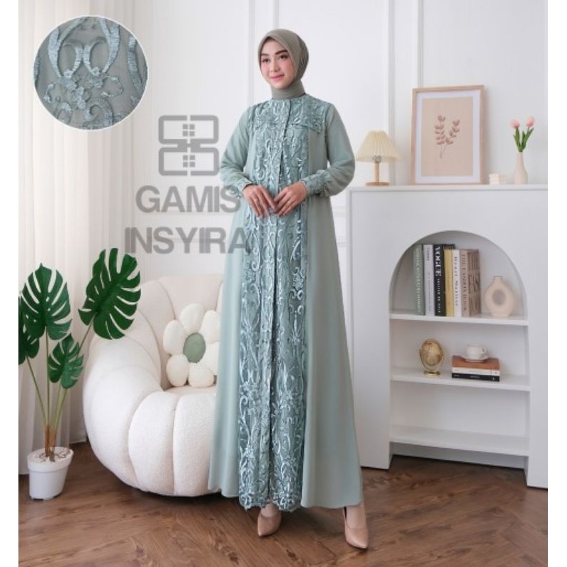 Gamis Insyira Terbaru Wanita Muslim Kekinian Bahan Ceruty Mix Tile Non Gliter Motif Bordir Timbul//B