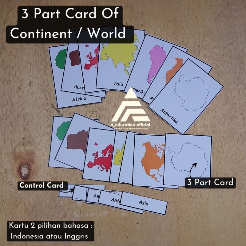 

3 part Card Continent map World Map Montesssori