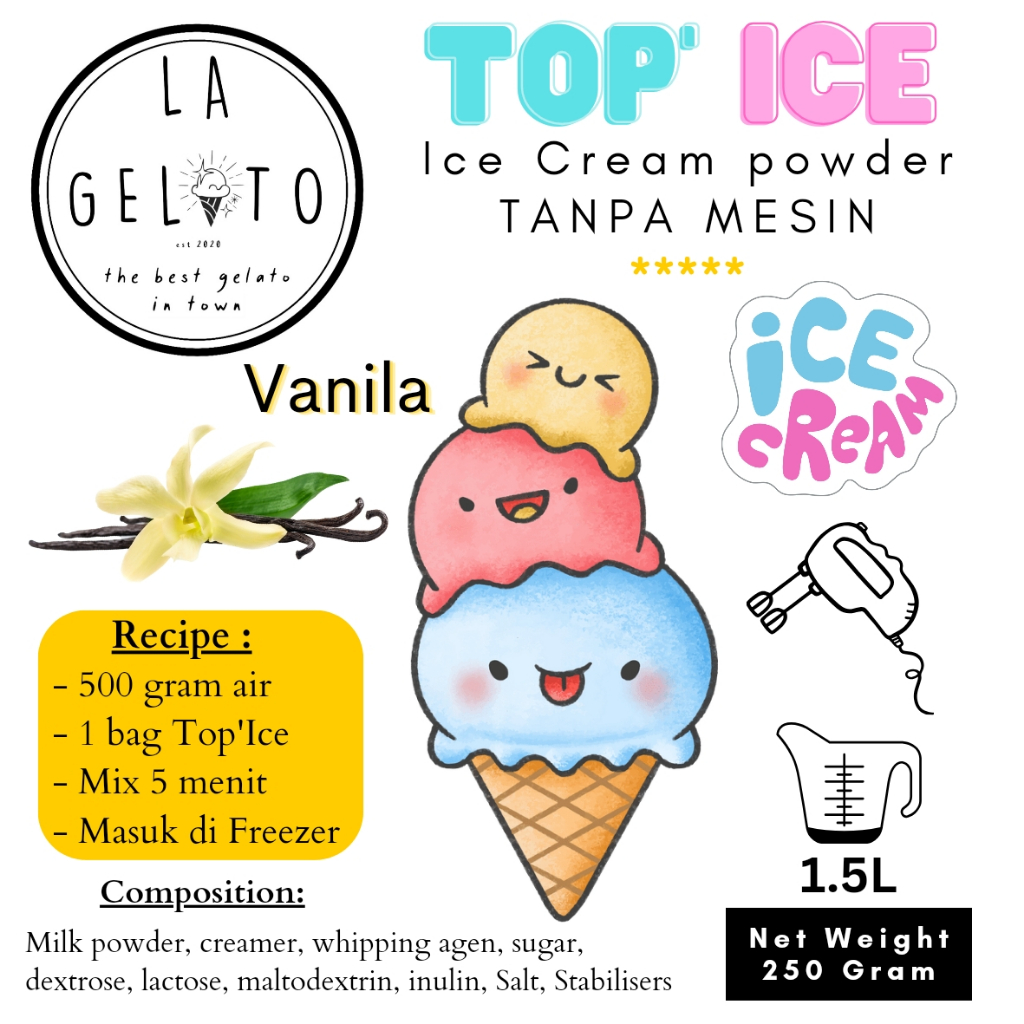 

250 gr Bubuk ice cream Top ice tanpa mesin rasa Vanilla