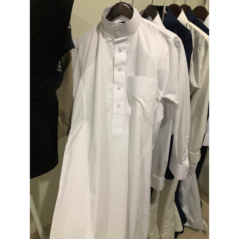 Jubah Pria Slim Fit Model Saudi,  Putih Bersih lengan Manset