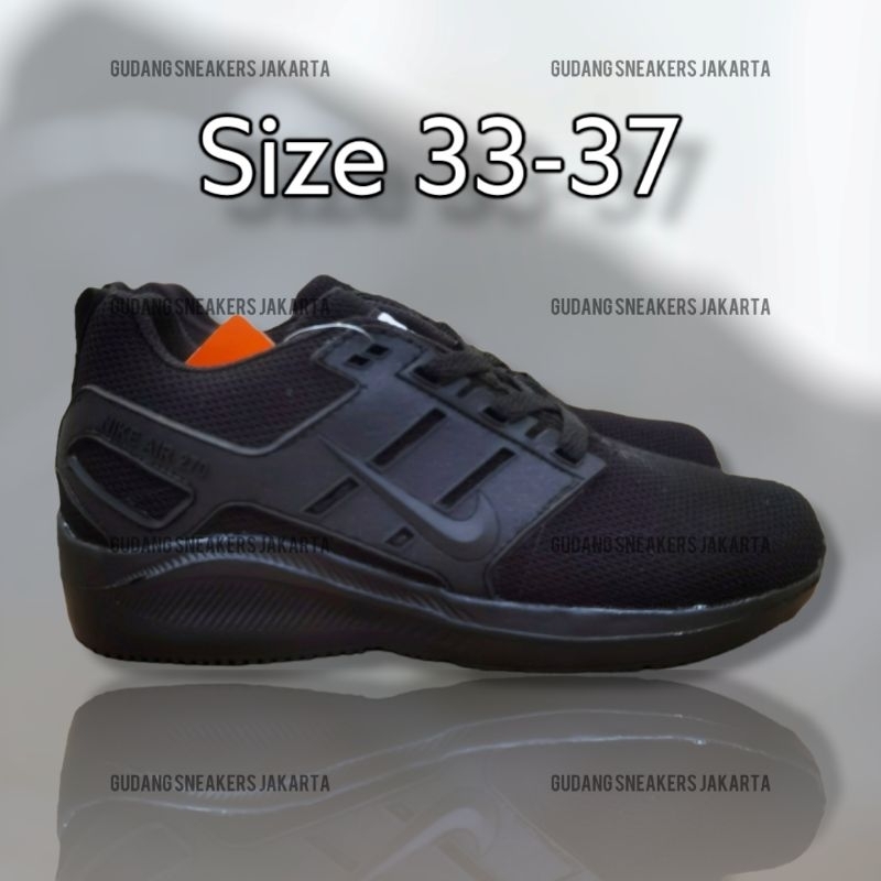 sepatu sekolah cewek cowok sneakers anak kids nike running tali karet full hitam all black 33-37