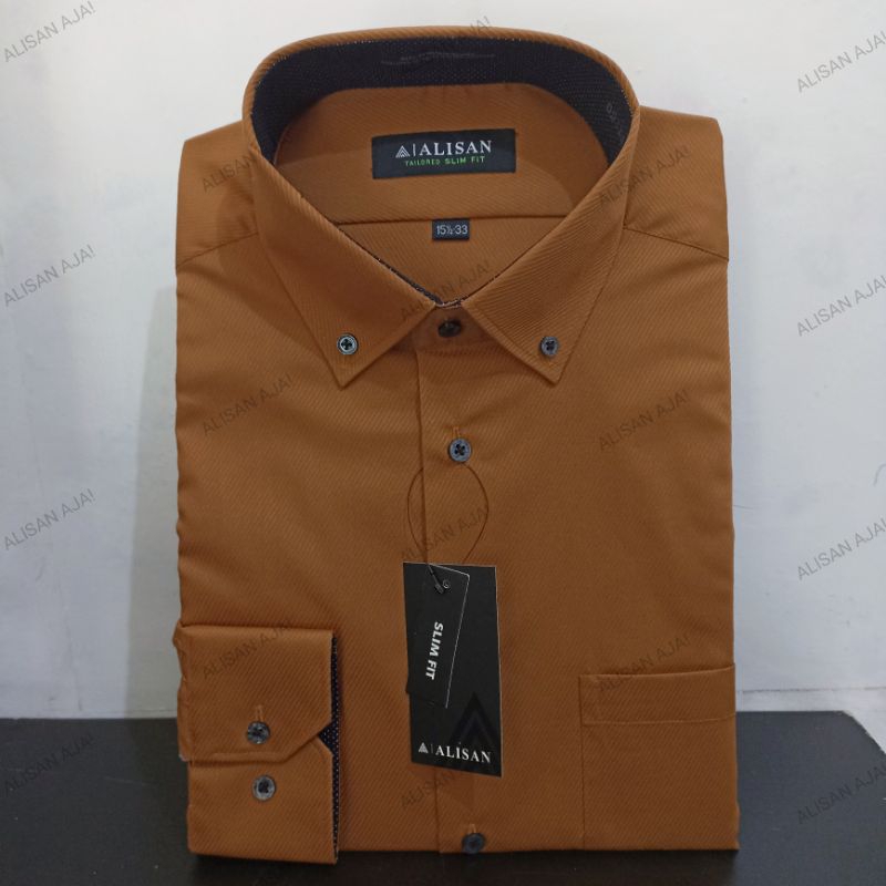 Kemeja ALISAN Dobby Coklat7 Kombinasi Dalam Hitam Bintik Panjang Slimfit