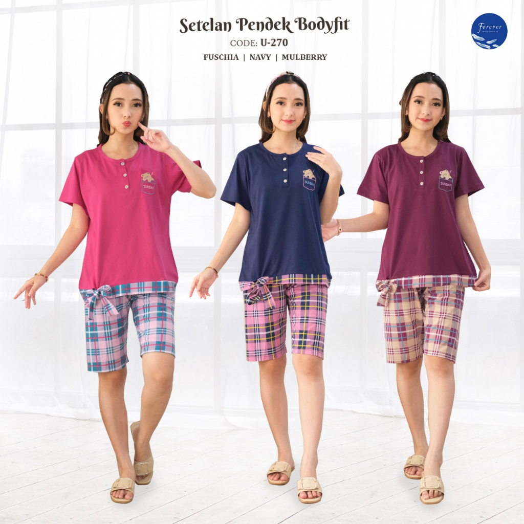 RM015 3/4 FOREVER BODYFIT Setelan Pendek Bodyfit Merek Forever Sweet Grosir Baju Tidur Piyama Wanita