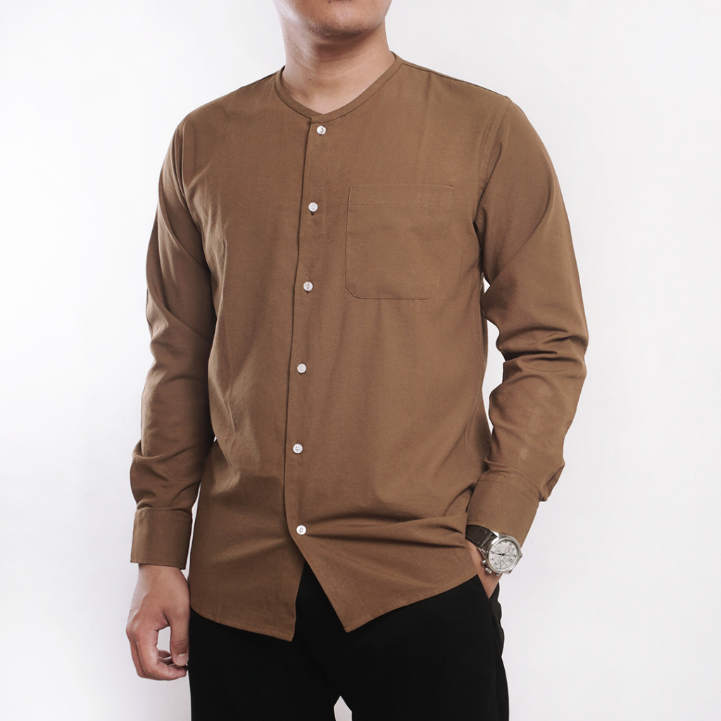 Mihran Kemeja Koko Tanpa Kerah Lengan Panjang Oxford - Mocca