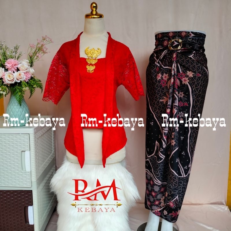 Stelan Kebaya Brokat Kutu Baru Modern / Rok Lilit Batik Stelan Kebaya Brokat Kutu Baru Lengan Pendek / Atasan Kebaya Brokat Wisuda