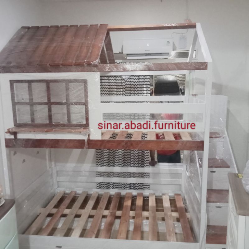 tempat tidur anak tingkat+tangga laci+2laci bawah kasur size 100×200×260