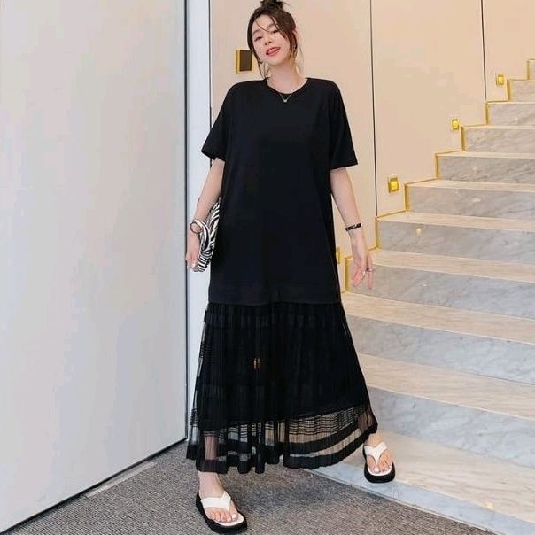 85210 Baju Mididress DROP WAIST lengan pendek hitam polos dres Korea Korean style wanita import baju