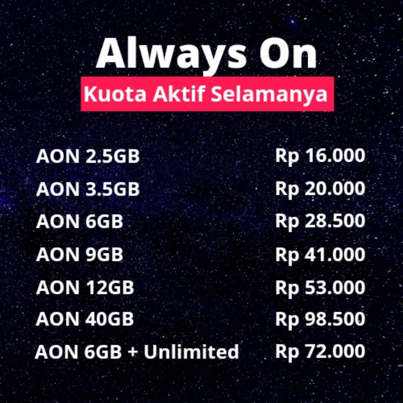 Kuota Tri AON 2.5GB 3.5GB 6GB 9GB 12GB 40GB Unlimited Nasional