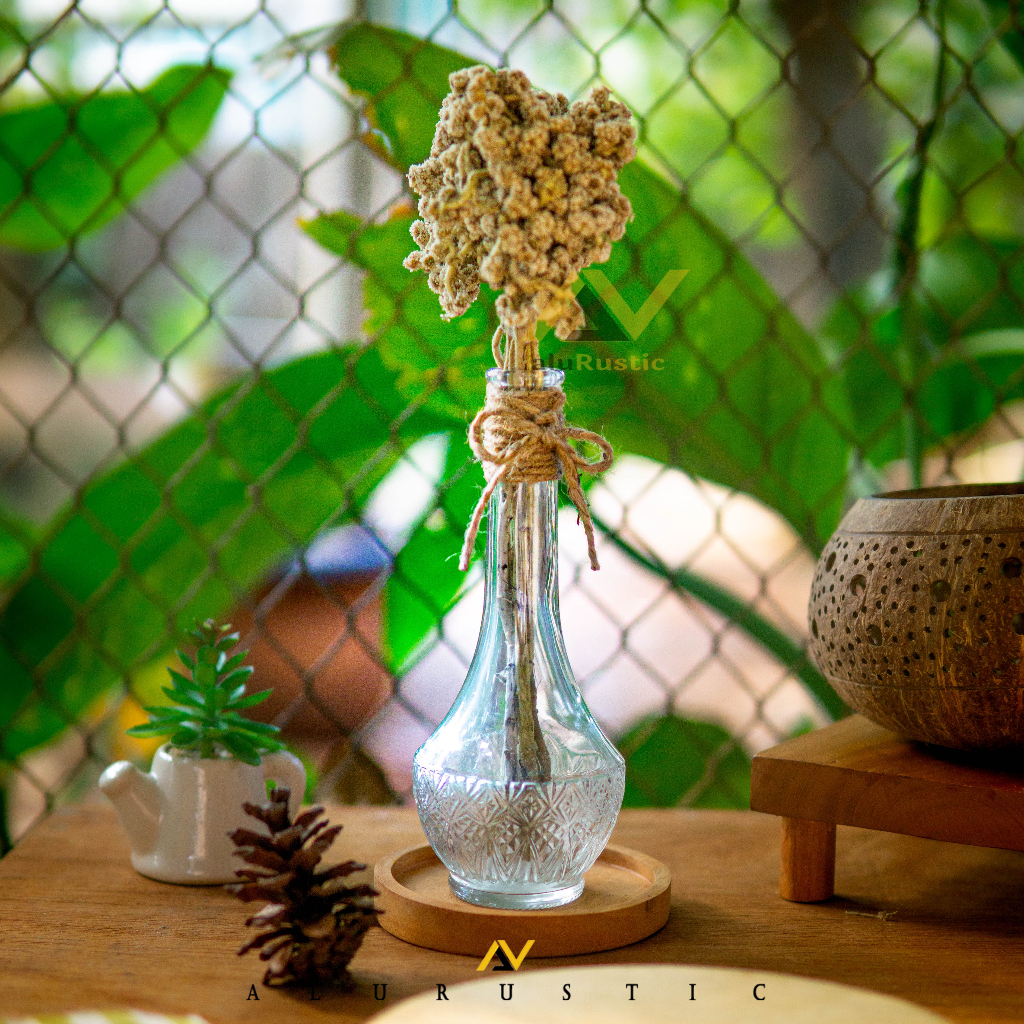 VAS BUNGA KACA BENING TALI RAMI | VAS BUNGA EDELWEIS | VAS KACA BULAT ESTETIK | VAS | DEKORASI | BEJ