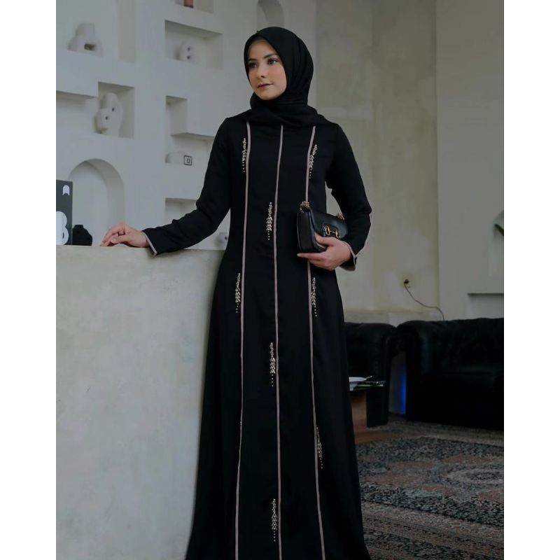 FATEENA DRESS JAVINA PREMIUM GAMIS MUSLIM WANITA BAHAN CERUTY BABYDOLL APLIKASI PAYET GAMIS PAYET PE