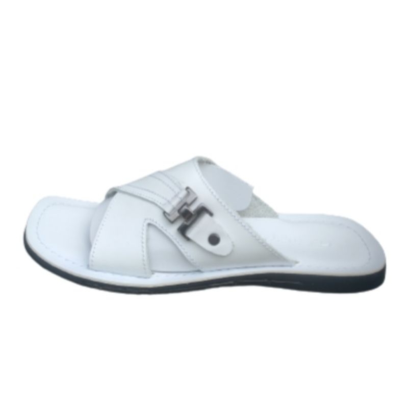 Sandal putih slop pria kulit asli sapi  premium original Casual kekinian terbaru