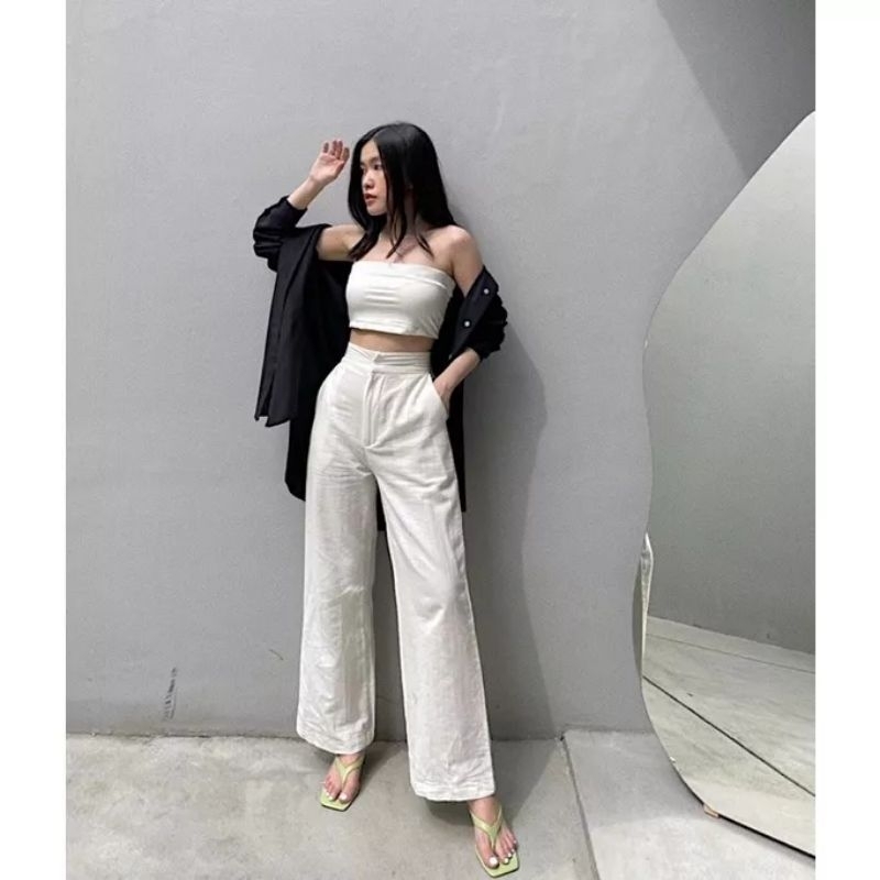 HIGHWAIST KULOT LINEN IMPORT2239 [ CULLOTE PANTS ] WIDE LEG