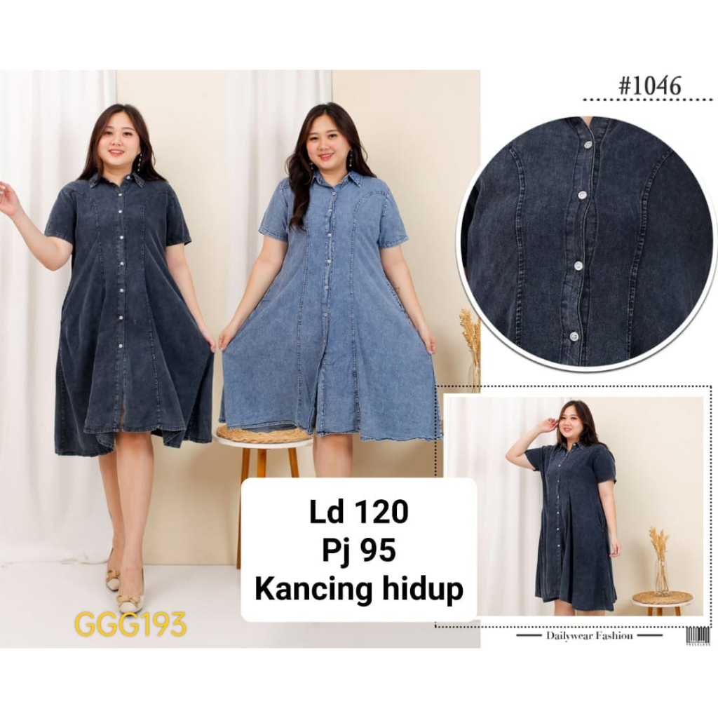 GGG193 Dress Wanita Jeans Denim FUll Kancing Jumbo LD120 PJ95 Midi