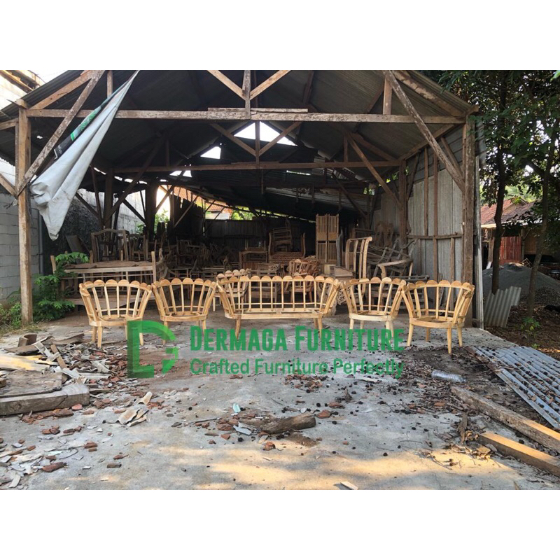 SET SOFA KERANG BUNGKUS KAYU JATI 21111 KURSI PELAMINAN DEKORASI AKAD PERNIKAHAN TUNANGAN MEWAH MURA